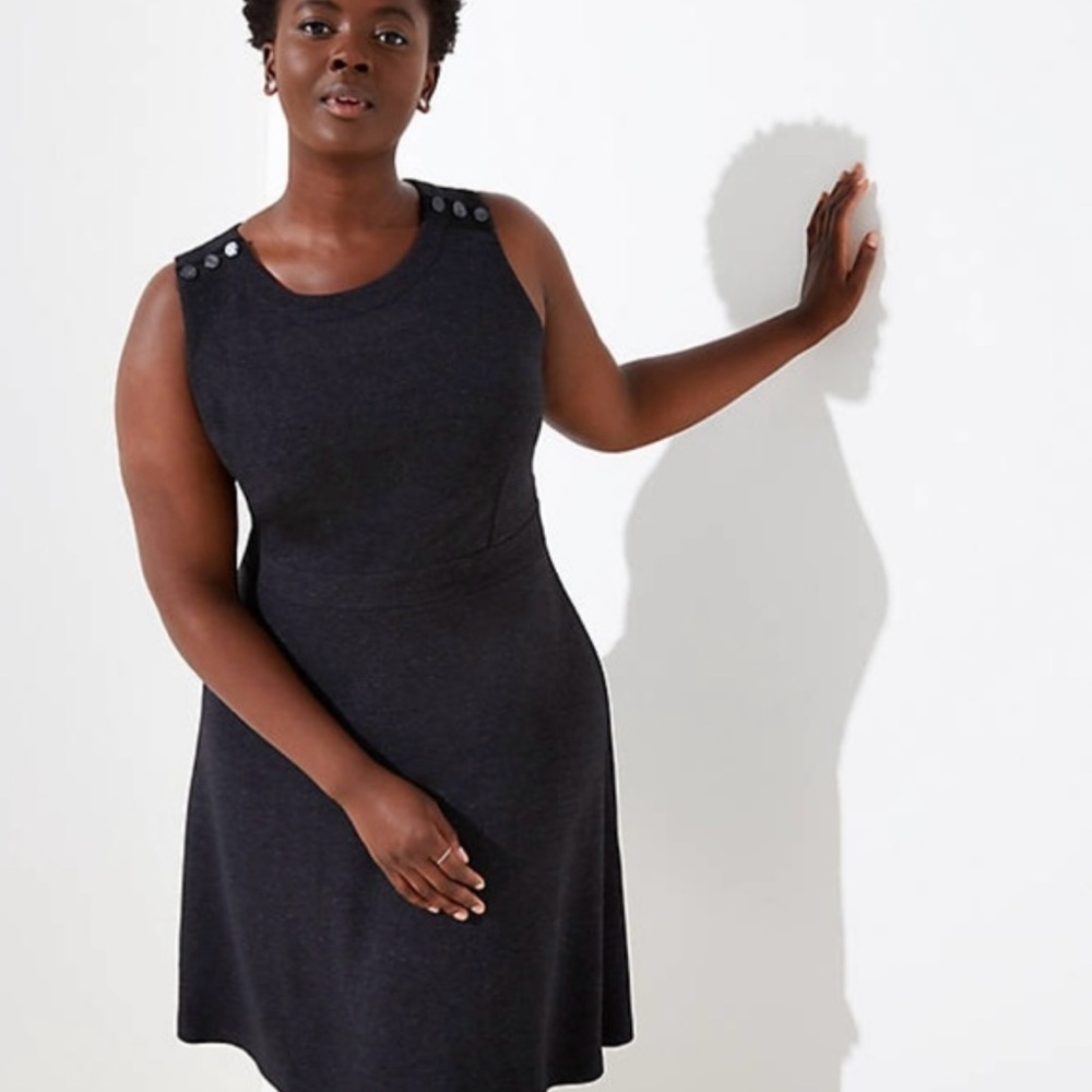 Loft Sleeveless Ribbed Charcoal Flare Dress with Button Detail